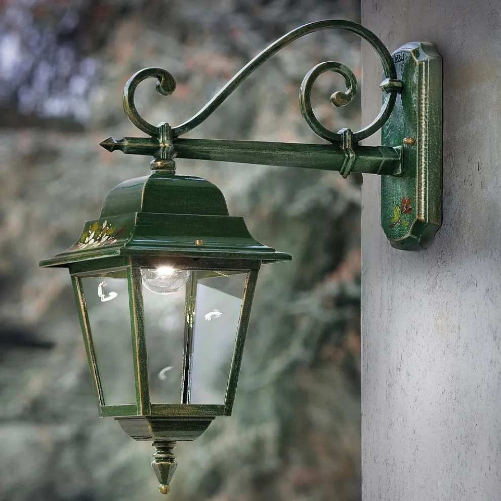Außenwandleuchte aus goldgrünem Aluminium mit handgemalten Blumen - Gorizia