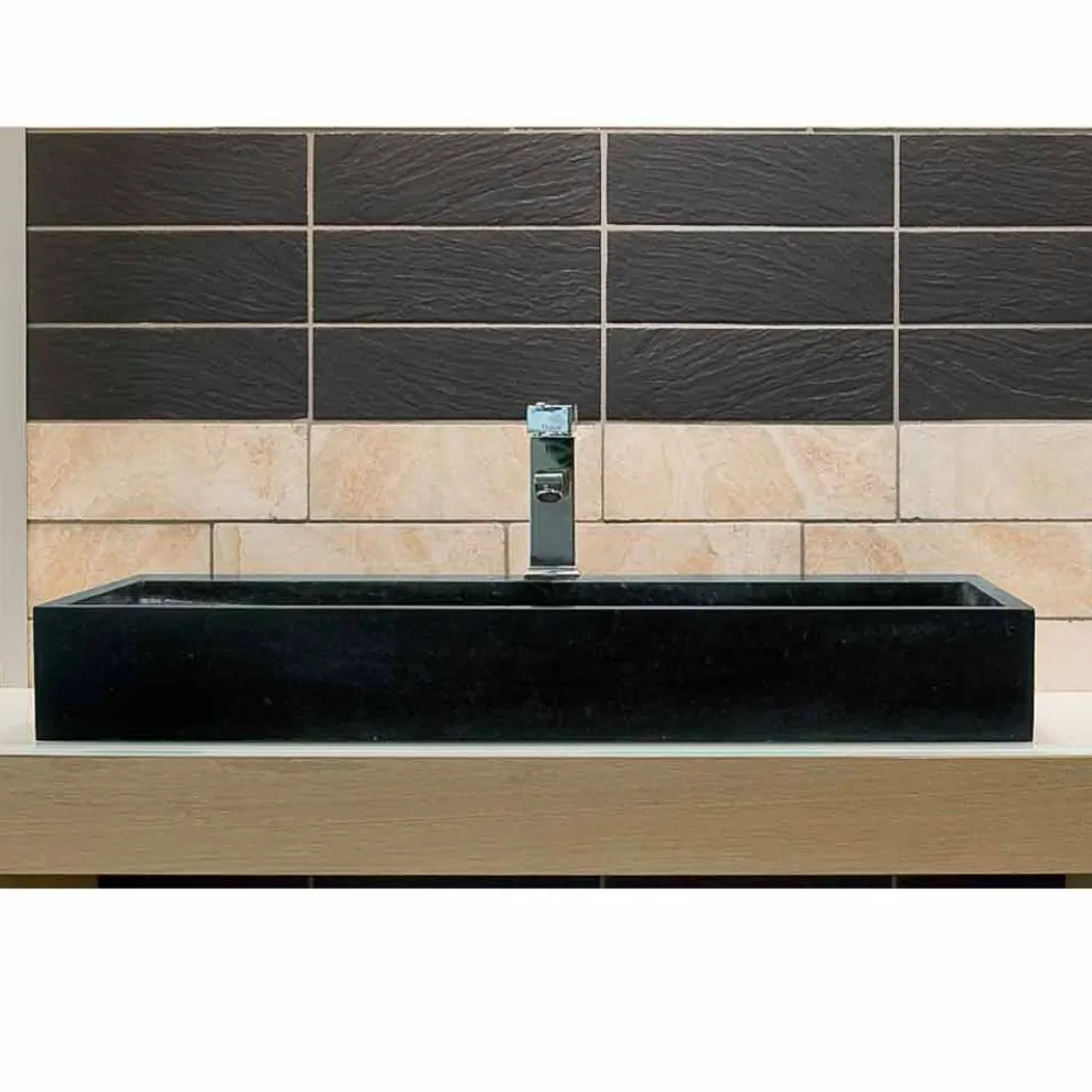 Aufsatzwaschbecken schwarz mit schrägen Ablauf aus Basalt Schwarz Chao