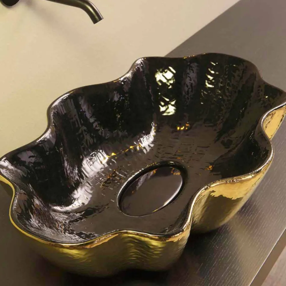 Aufsatzwaschbecken,schwarze goldfarbene Keramik Design made Italy Cubo