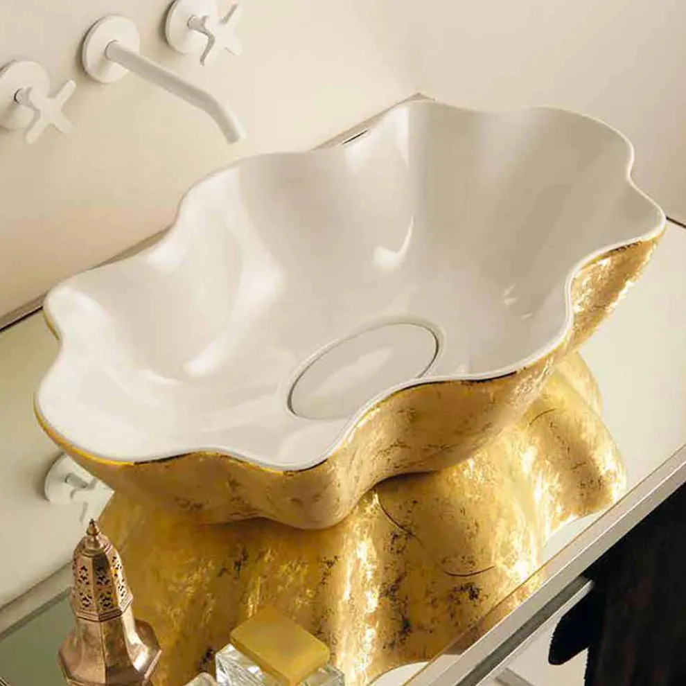Aufsatzwaschbecken Design aus weißer goldfarbener Keramik Cubo Italy