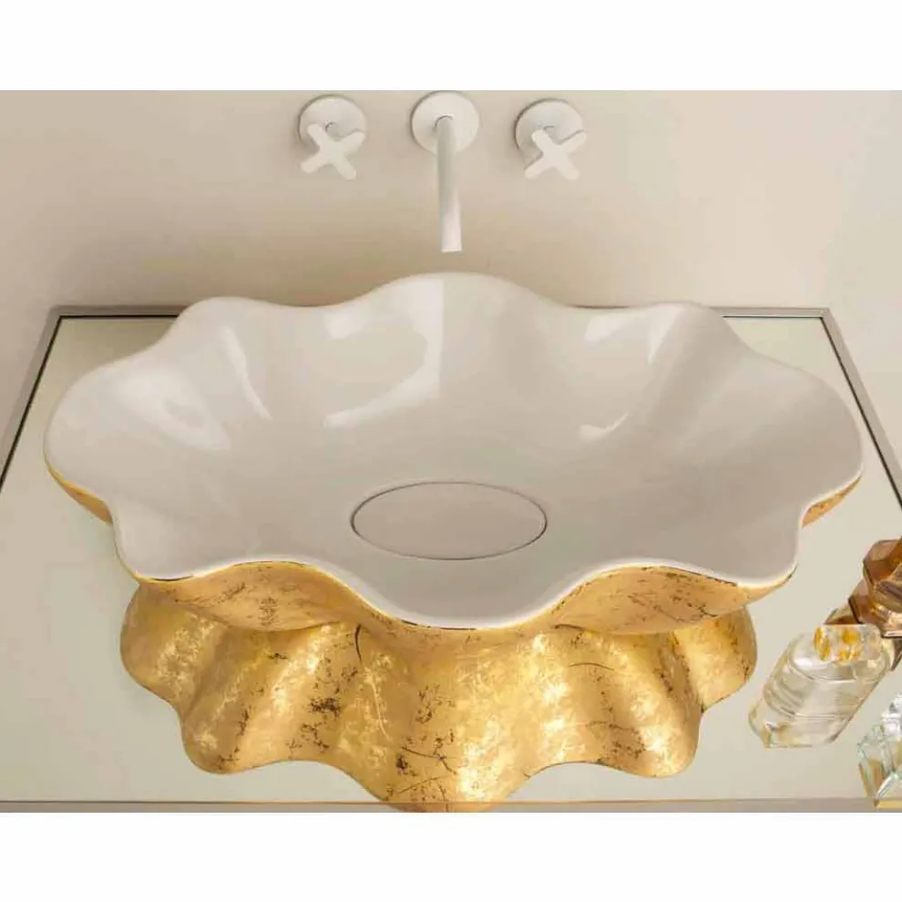 Aufsatzwaschbecken Design aus weißer goldfarbener Keramik Cubo Italy