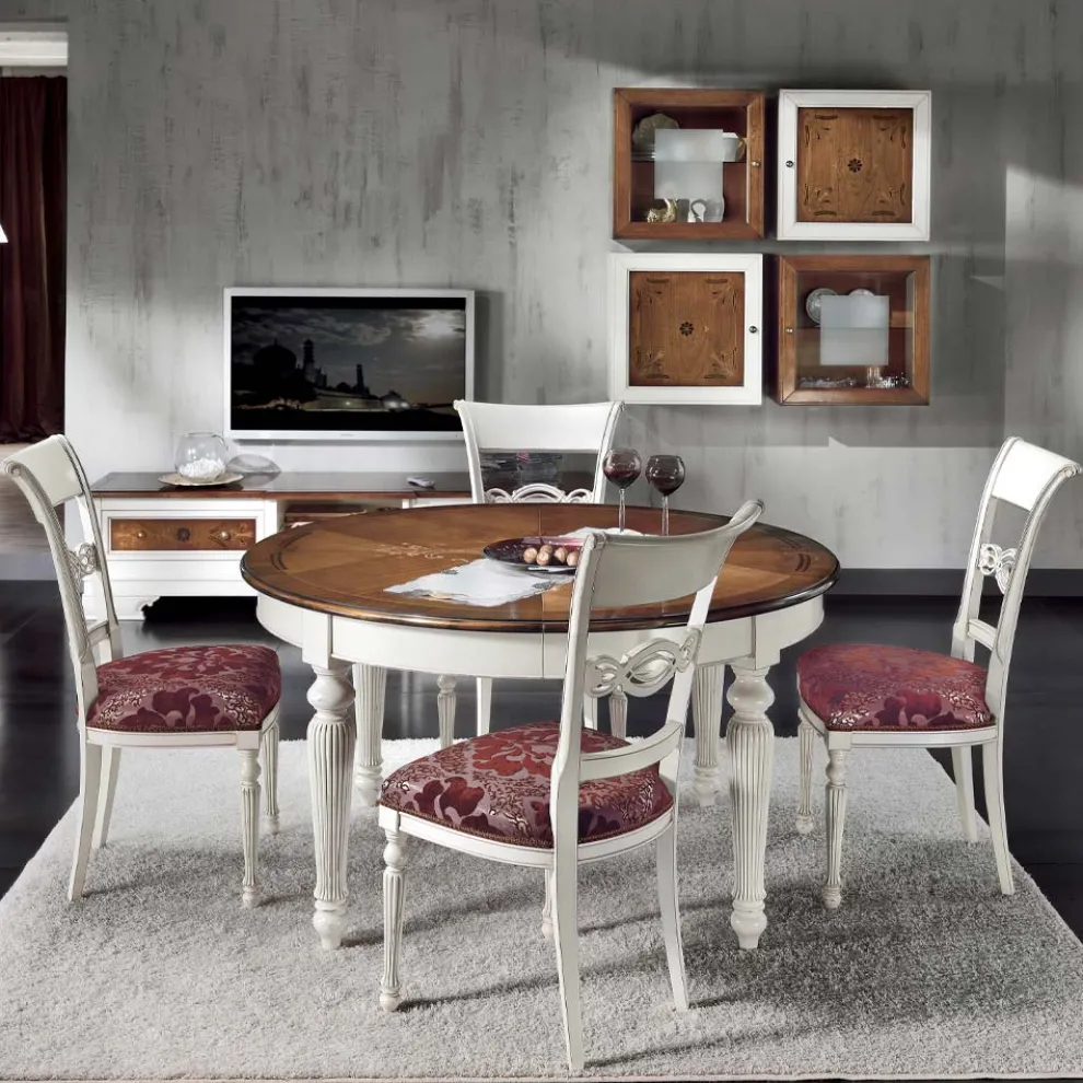 Ausziehbarer runder Tisch mit Intarsien und 4 Stühlen, hergestellt in Italien – Alite