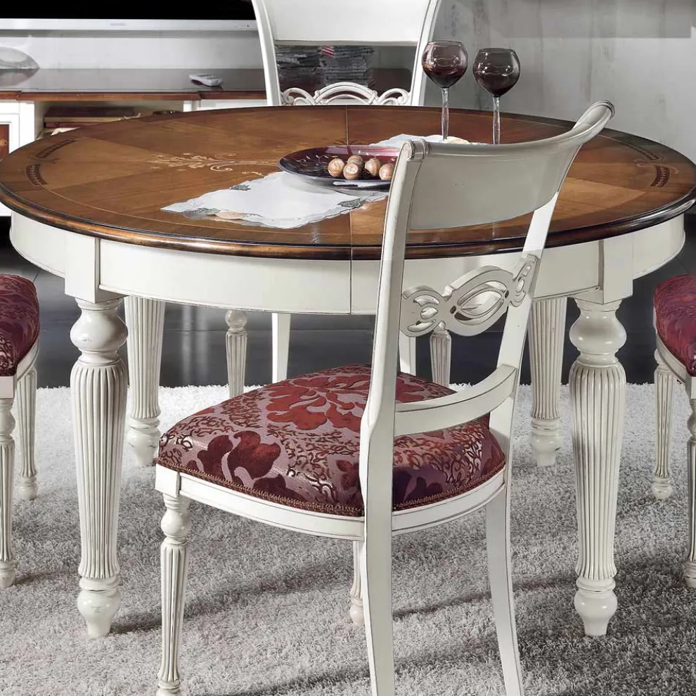 Ausziehbarer runder Tisch mit Intarsien und 4 Stühlen, hergestellt in Italien – Alite