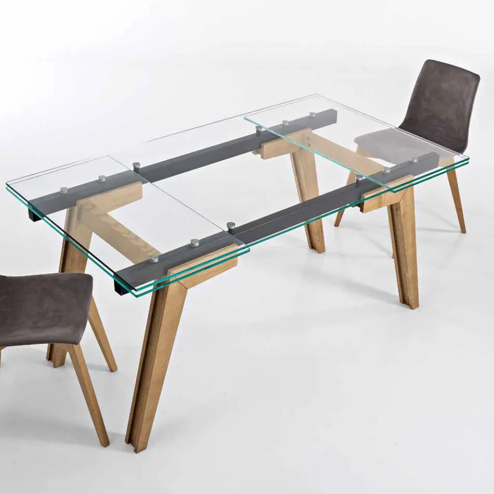 Ausziehbarer Tisch aus Glas und Massivholz made in Italy, Dimitri