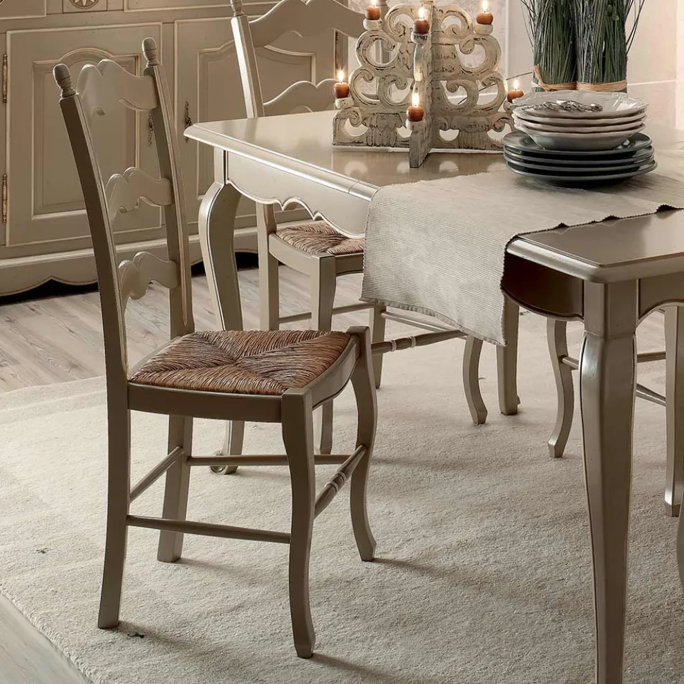 Ausziehbarer Tisch mit 4 Stühlen in hellem Taubengrau, hergestellt in Italien – Celestino