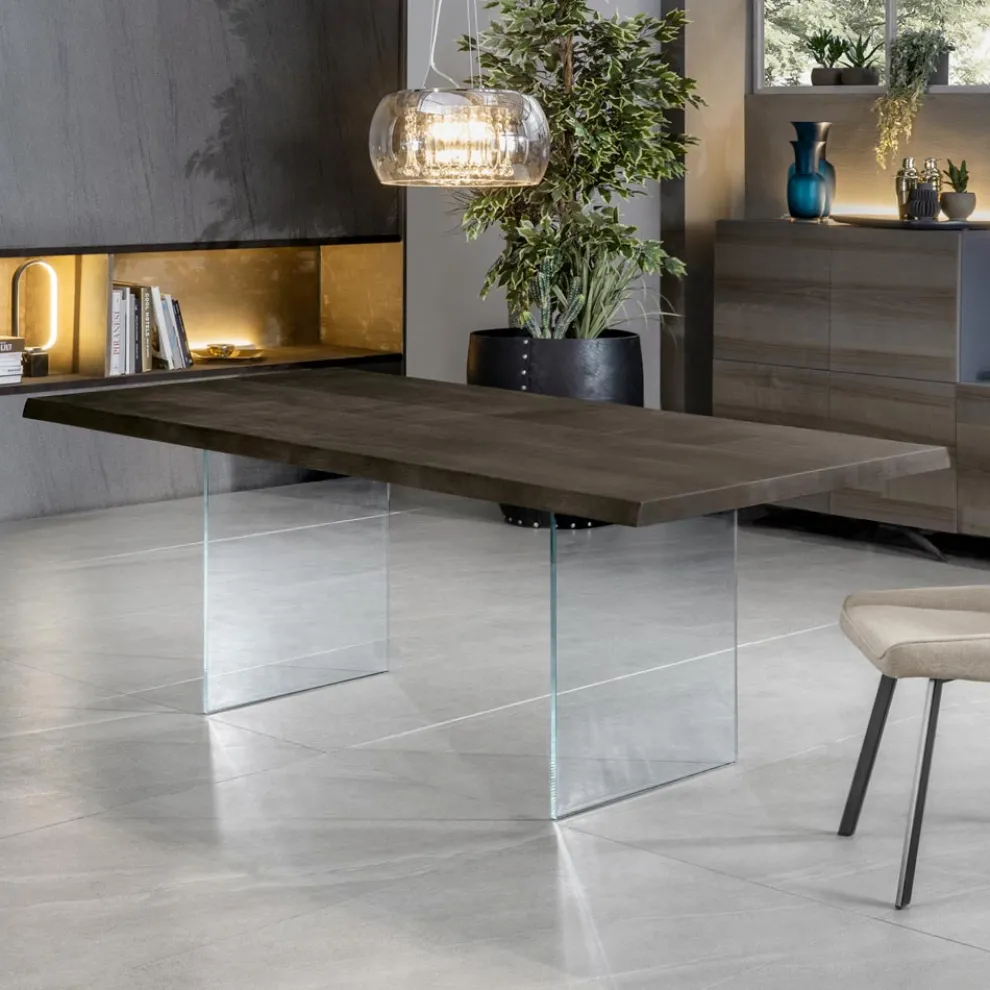 Ausziehbarer Tisch auf 300 cm aus Eiche und Sockel aus gehärtetem Glas – Nicoall