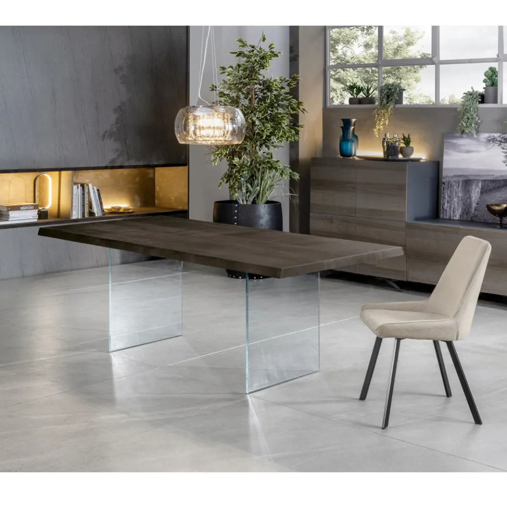 Ausziehbarer Tisch auf 300 cm aus Eiche und Sockel aus gehärtetem Glas – Nicoall