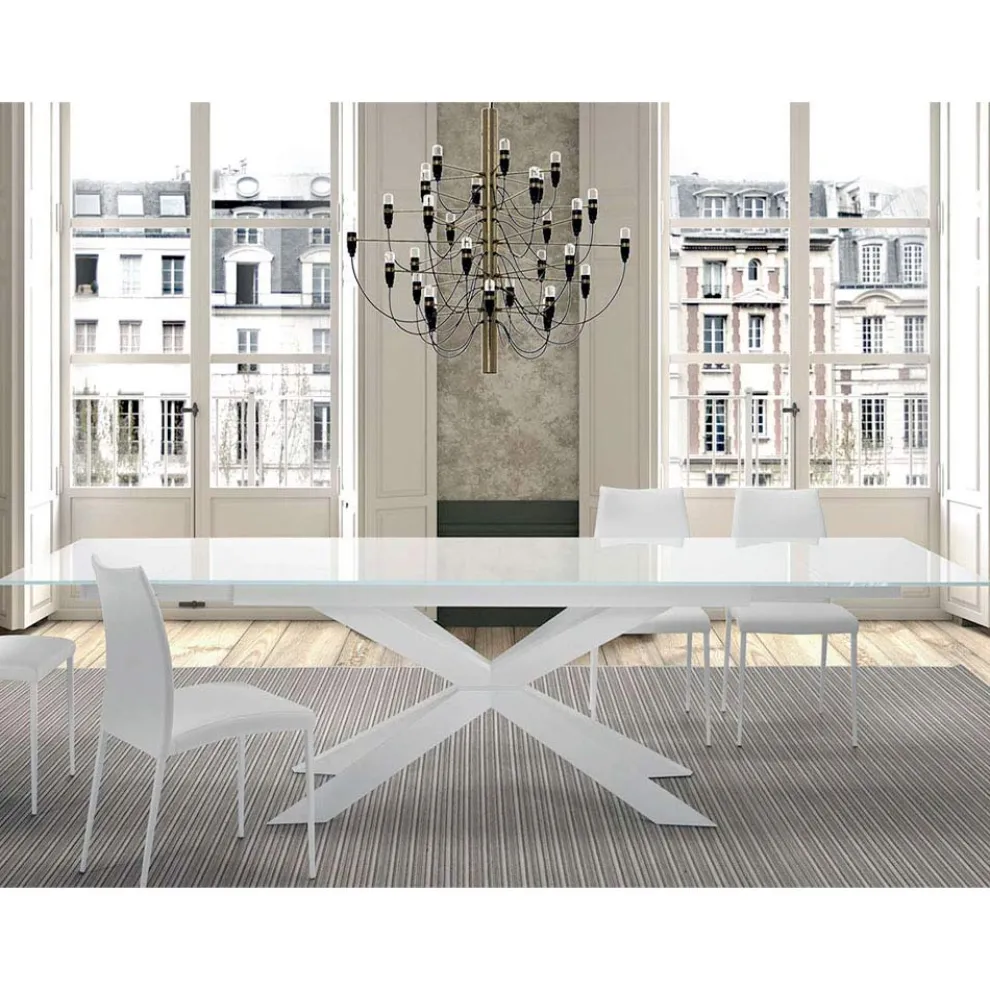 Ausziehbarer Tisch bis 278 cm aus Glas und weißem Stahl, hergestellt in Italien – Grotta
