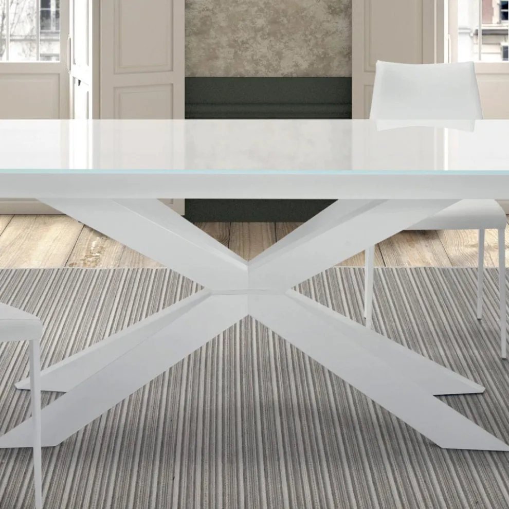 Ausziehbarer Tisch bis 278 cm aus Glas und weißem Stahl, hergestellt in Italien – Grotta