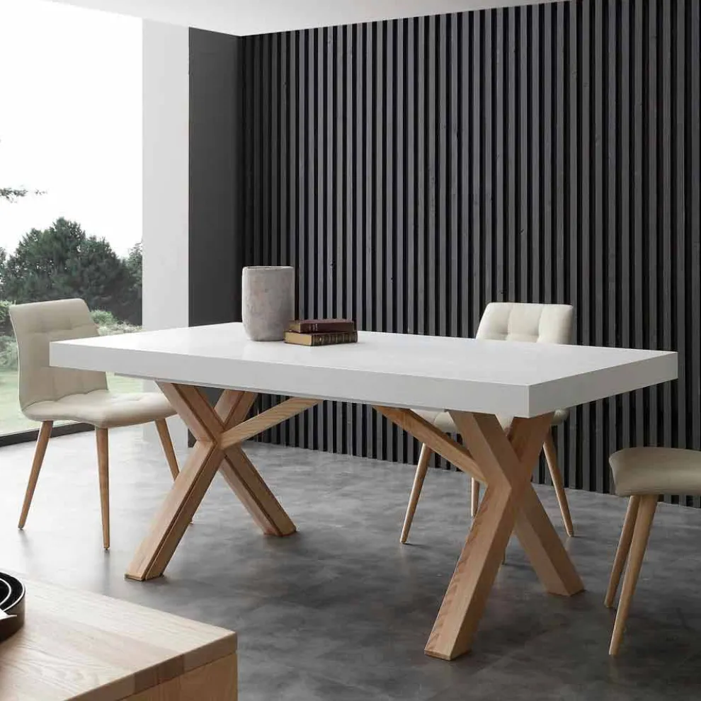 Ausziehbarer Tisch aus Massivholz weiß  Rico