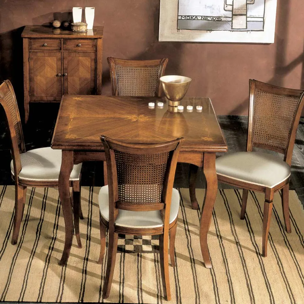 Ausziehbarer Tisch auf 200 cm mit 4 Stühlen aus Bassano-Holz, hergestellt in Italien – Bernstein