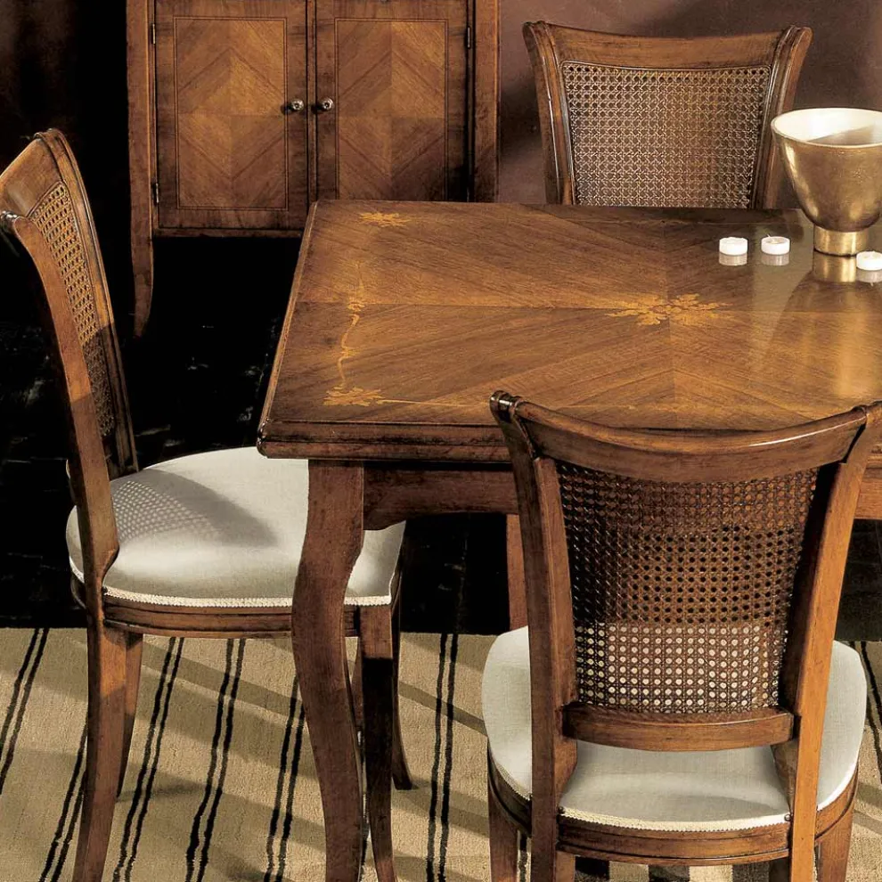 Ausziehbarer Tisch auf 200 cm mit 4 Stühlen aus Bassano-Holz, hergestellt in Italien – Bernstein