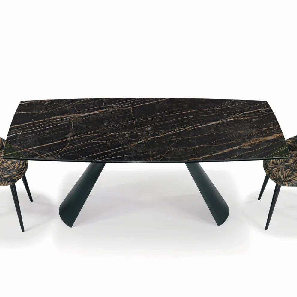 Ausziehbarer Wohnzimmertisch mit tonnenförmiger Platte aus Keramik, hergestellt in Italien – Gläser