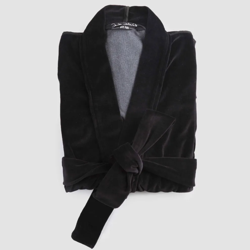 Kimono Robe in Schwarz Chenille mit Farnese Spitze, Luxus Made in Italy - Kyoto