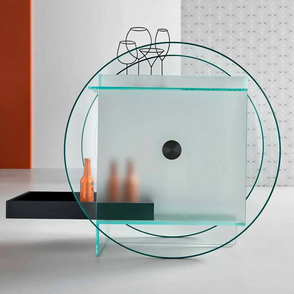 Barwagen aus extra klarem Glas mit Rollen und herausziehbarem Tablett - Pigolo