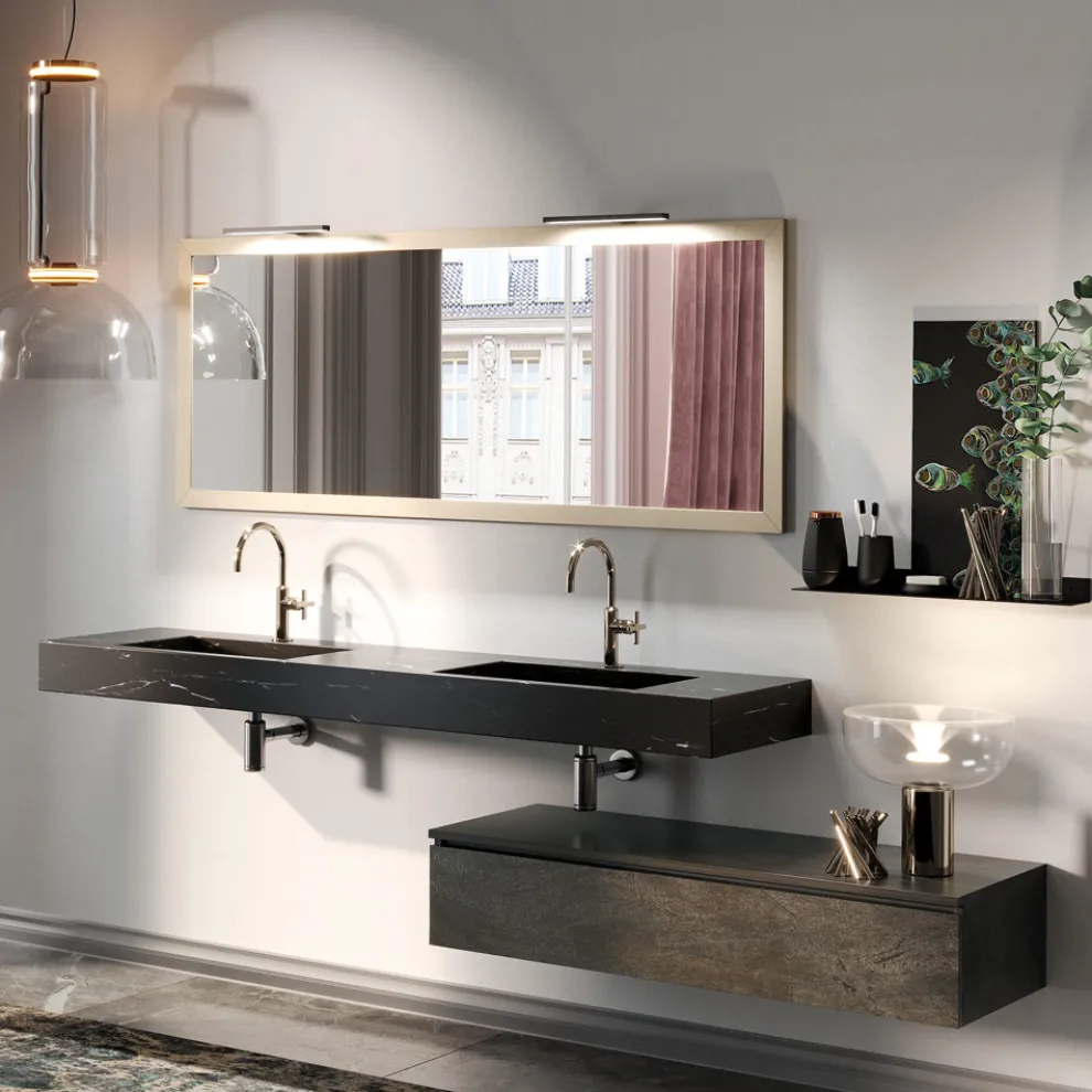 Badezimmerkomposition komplett mit Spiegel und Doppelwaschbecken, hergestellt in Italien – Palom