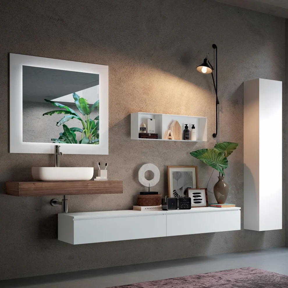 Badezimmerkomposition mit Spiegel und Keramikwaschbecken, hergestellt in Italien – Palom