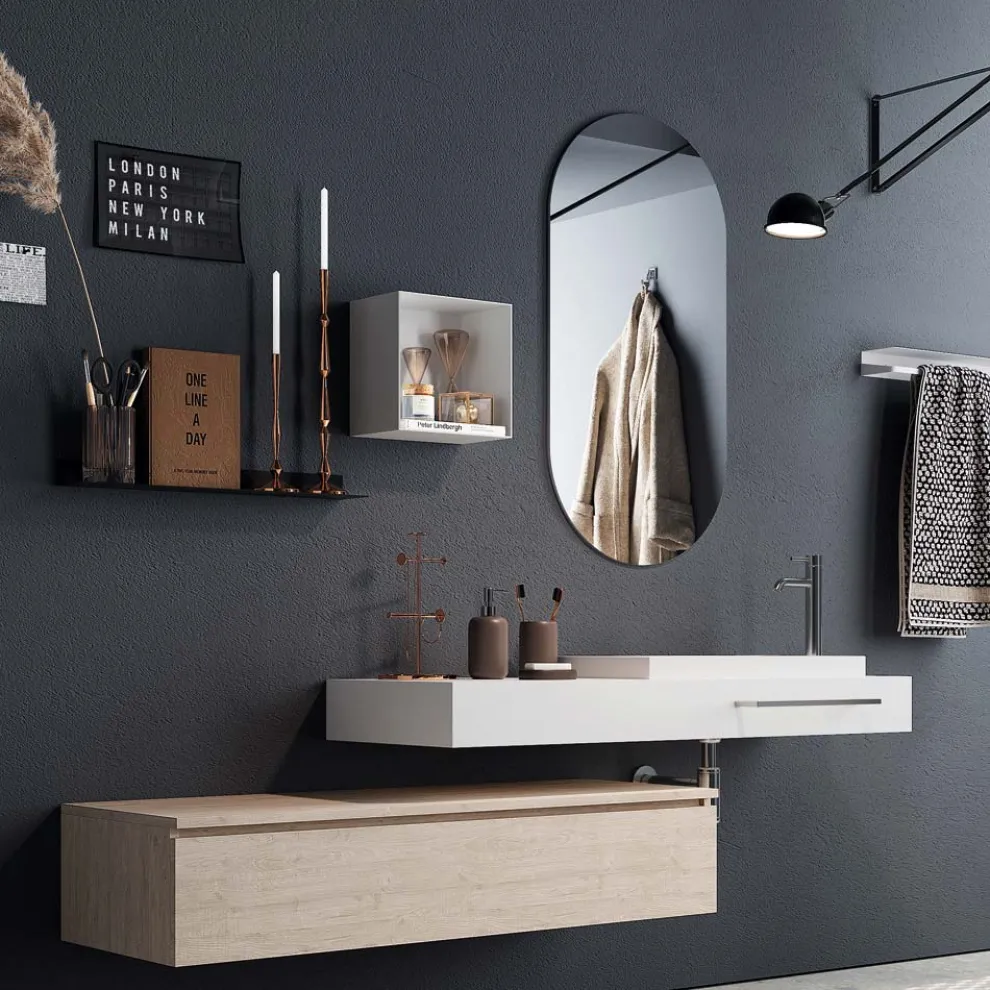 Badezimmerkomposition mit ovalem Spiegel, Waschbecken und Sockel, hergestellt in Italien – Palom