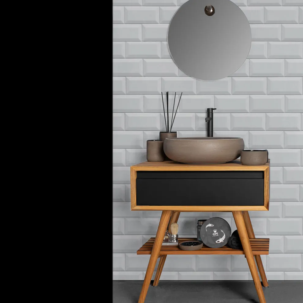 Badezimmerkomposition mit Teakholzschrank, Waschbecken und Zubehör - Carolie