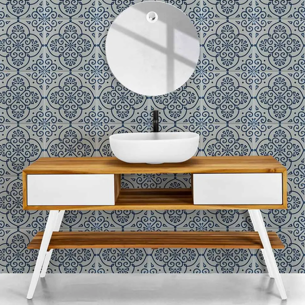 Badezimmer-Komposition mit Teak-Bodenschrank, Waschbecken und Zubehör - Georges