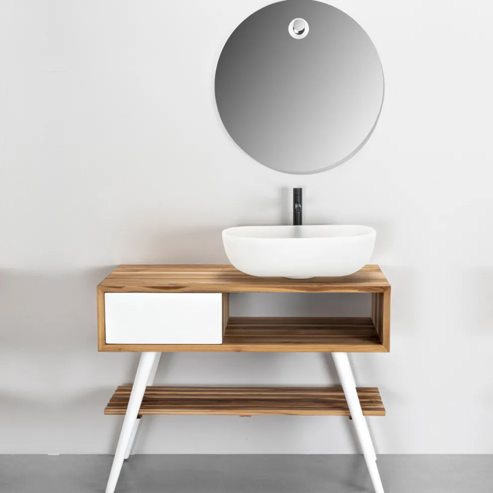 Badezimmerkomposition mit Schrank, rundem Spiegel und Zubehör - Sylviane