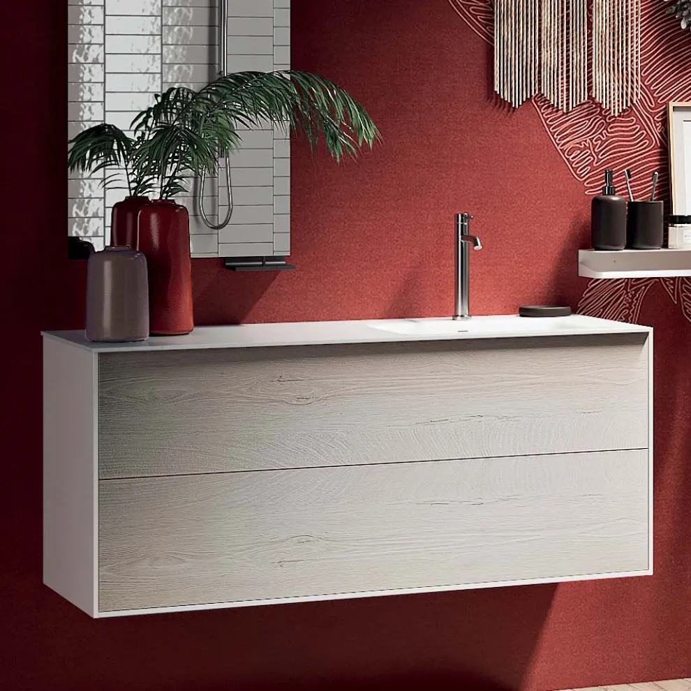 Badezimmerkomposition mit um 180° drehbarem Spiegel, Sockel und Waschbecken Made in Italy – Kilos