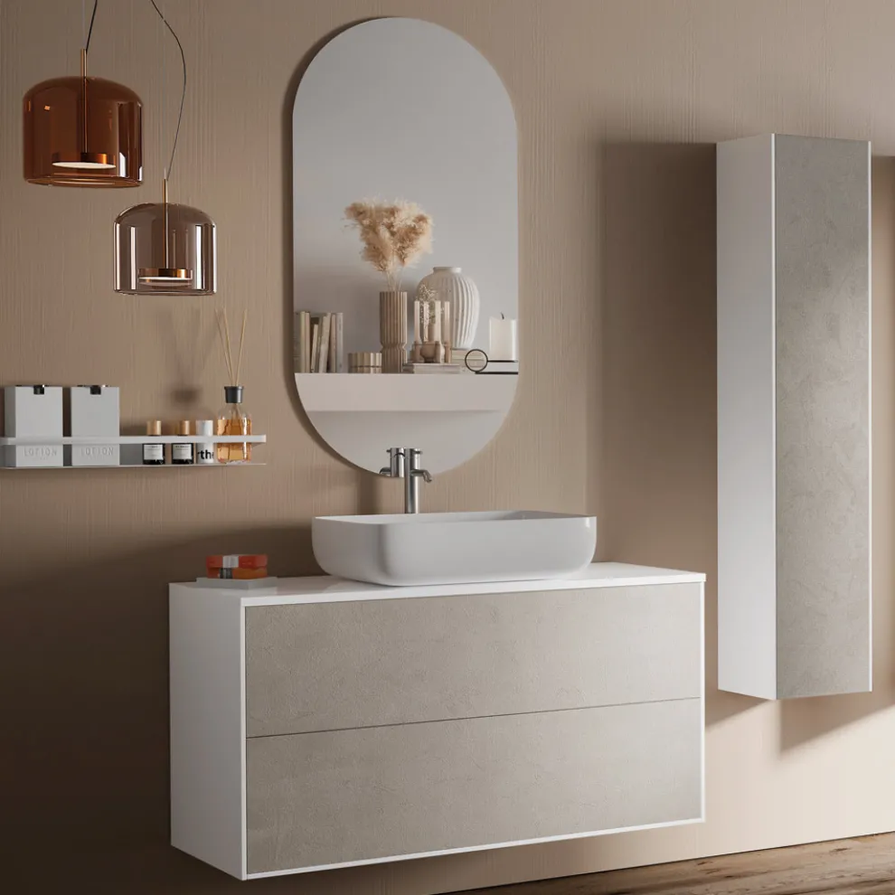 Badezimmerkomposition mit Sockel aus Havanna-Stein, Spiegel und Waschbecken, hergestellt in Italien – Kilos