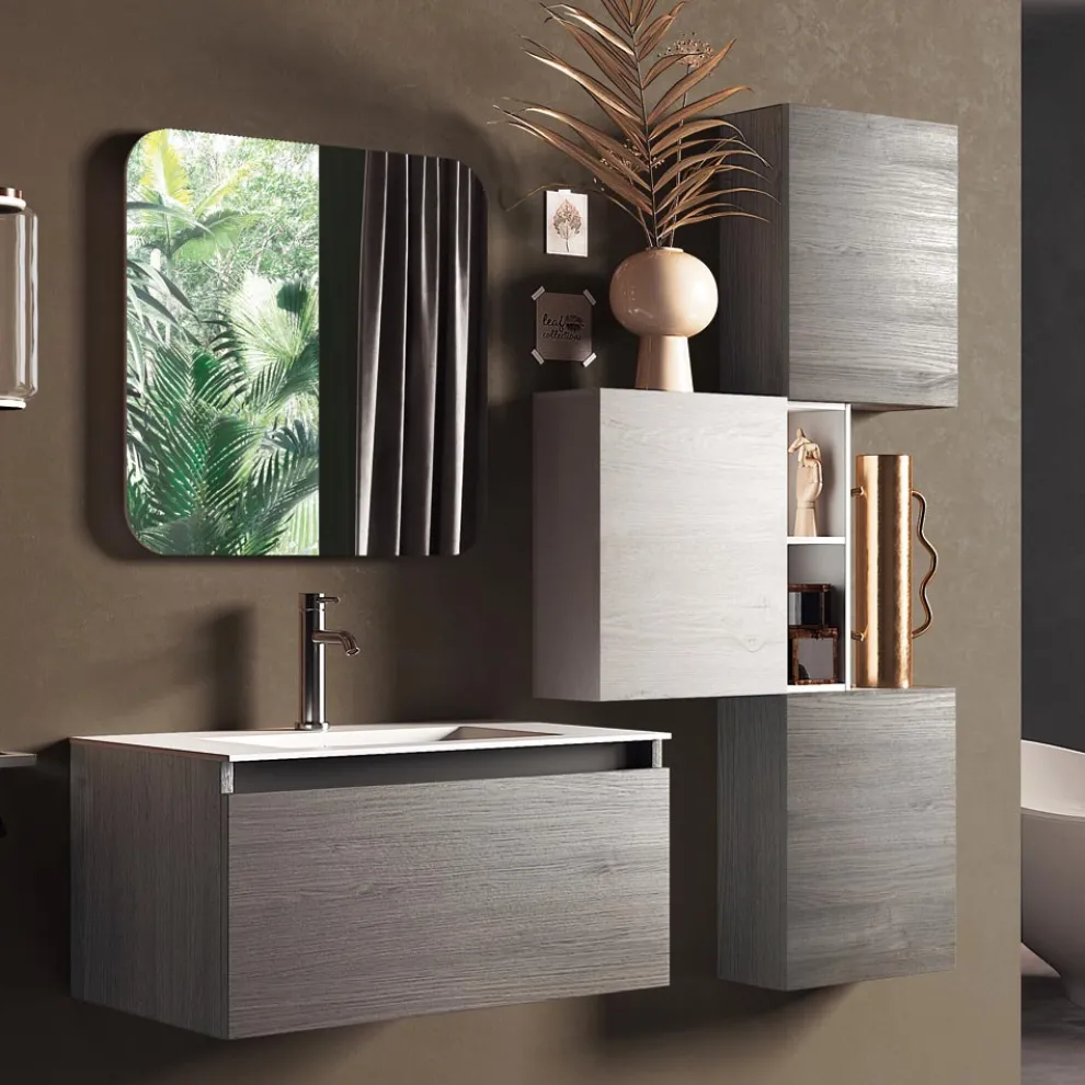 Badezimmerkomposition mit Waschbecken aus Kunstharz, hergestellt in Italien mit kratzfester Basis – Dream