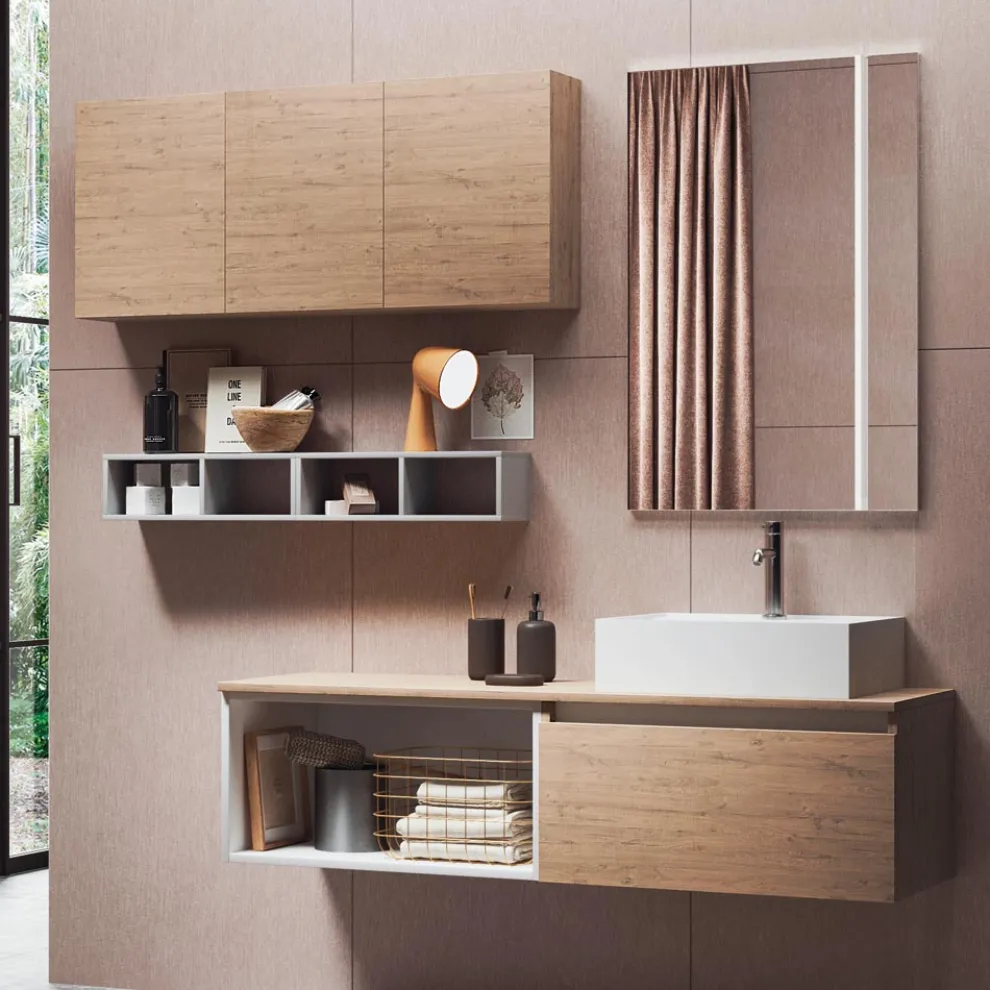 Badezimmerkomposition mit Spiegel mit integrierter Lampe, Waschbecken und Sockel – Dream