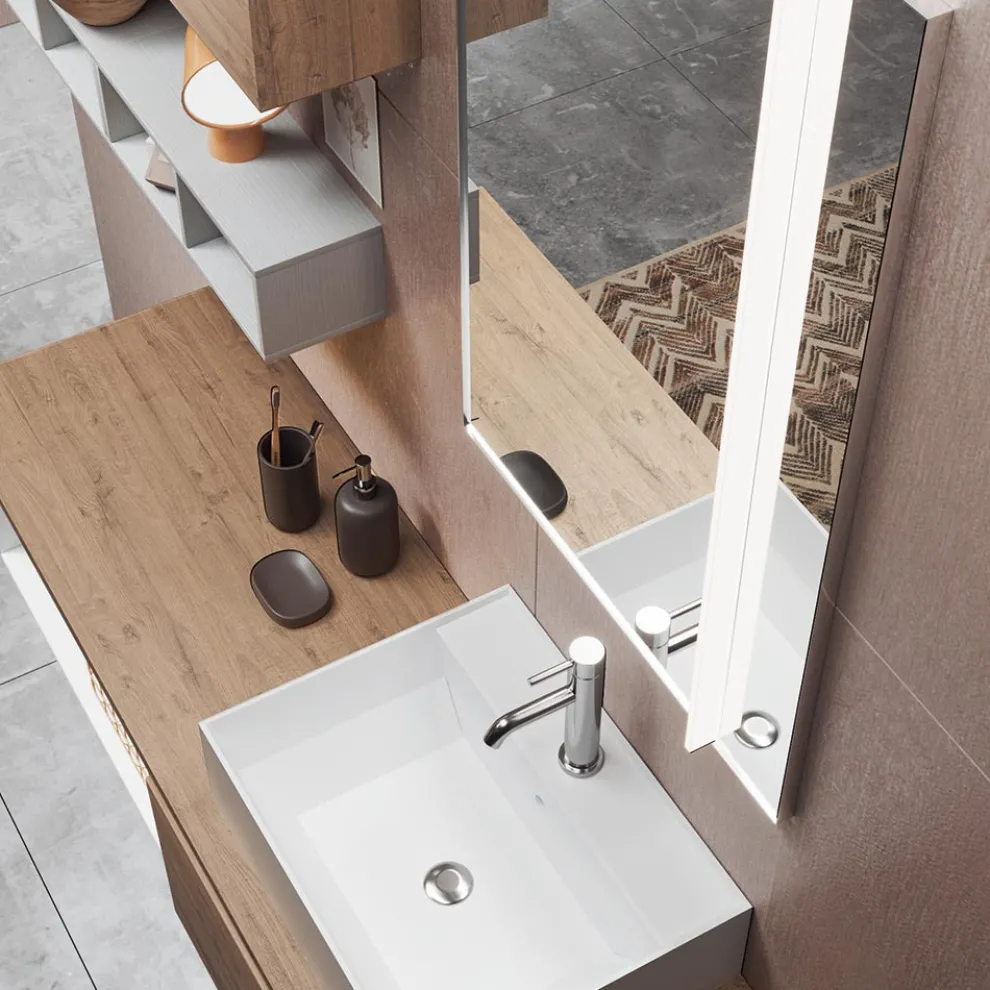 Badezimmerkomposition mit Spiegel mit integrierter Lampe, Waschbecken und Sockel – Dream