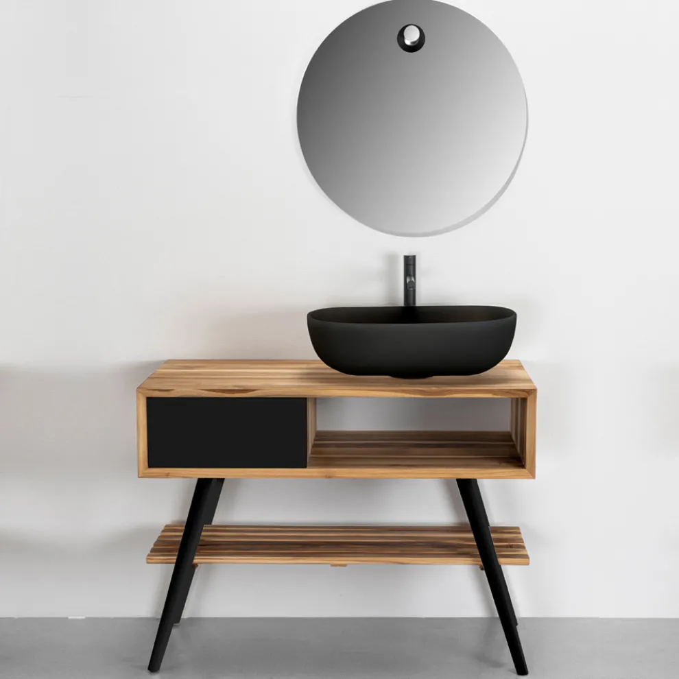 Badezimmerkomposition mit Teakholzschrank und Tonzubehör - Sylviane