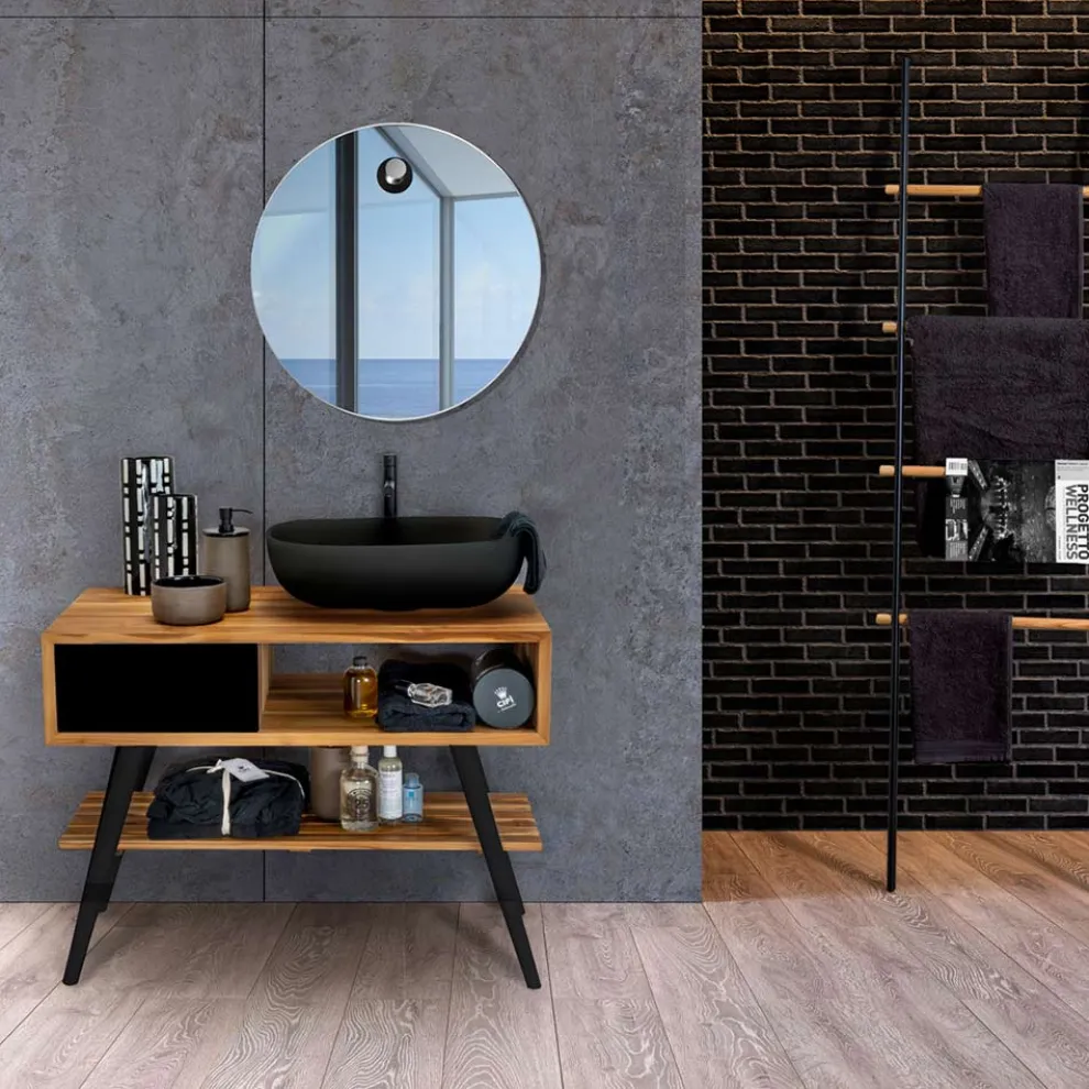 Badezimmerkomposition mit Teakholzschrank und Tonzubehör - Sylviane