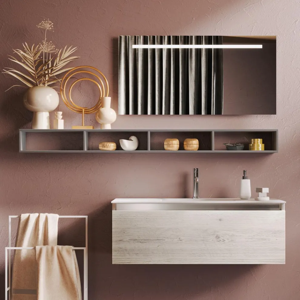 Badezimmerkomposition mit Spiegel und Lampe, kratzfester Sockel, hergestellt in Italien – Dream