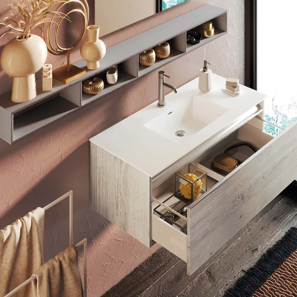 Badezimmerkomposition mit Spiegel und Lampe, kratzfester Sockel, hergestellt in Italien – Dream