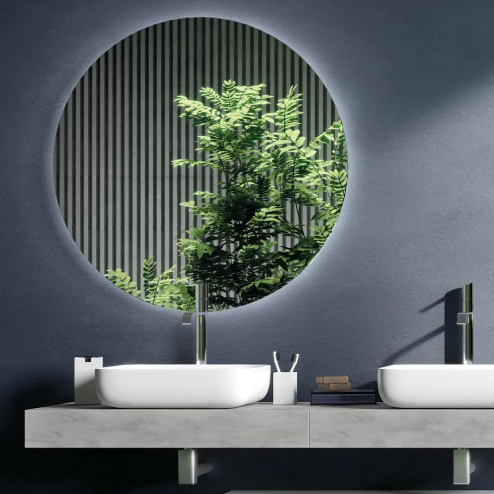 Badezimmerkomposition in Betonfarbe und Mattweiß mit Waschbecken, Spiegel und Sockel – Palom