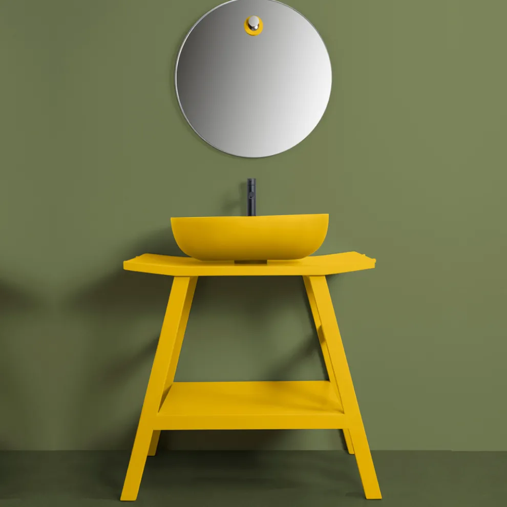 Badezimmerkomposition mit natürlichem Teakholzschrank und rundem Spiegel - Patryk