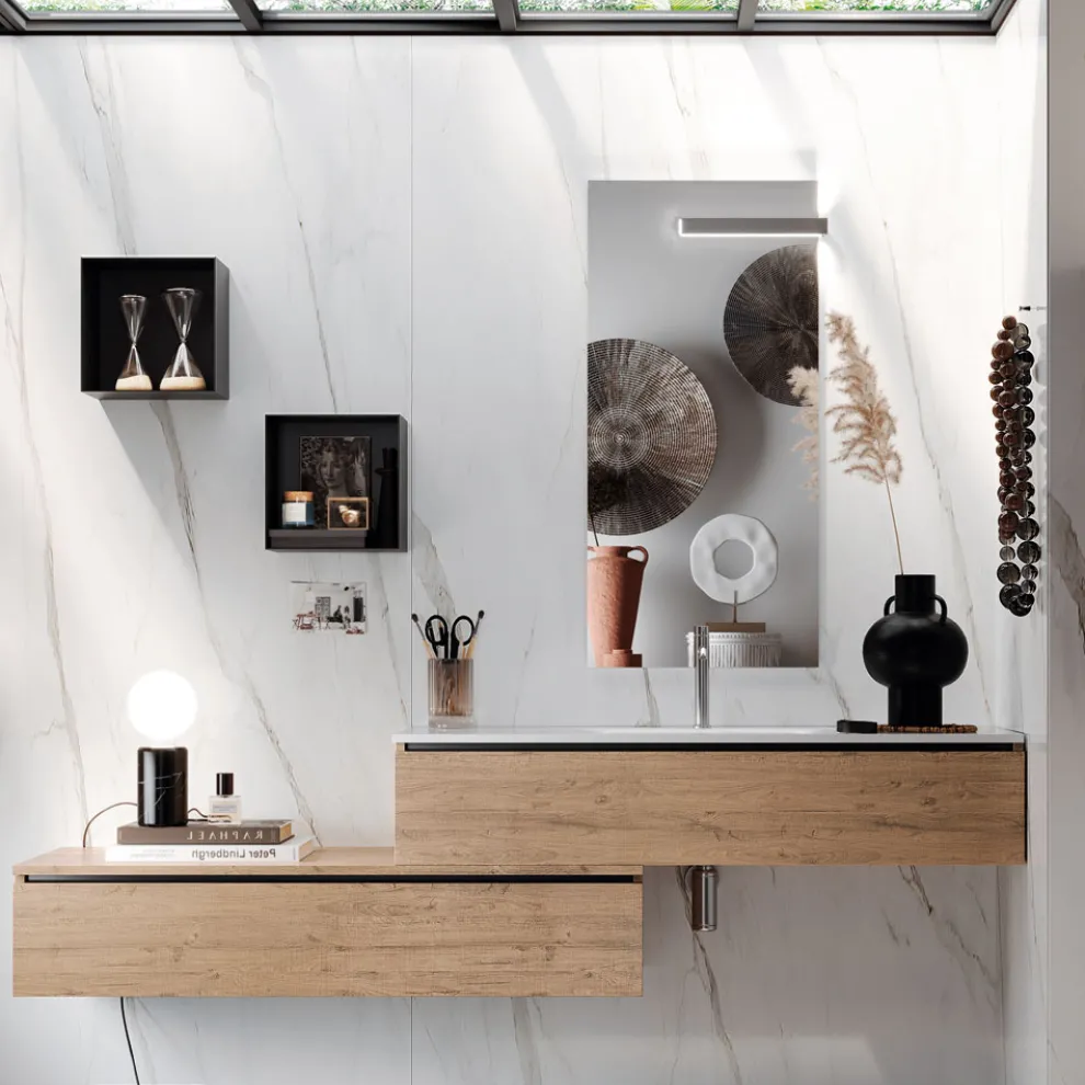 Badezimmerkomposition mit Spiegel, Harzwaschbecken und Sockel, hergestellt in Italien – Palom