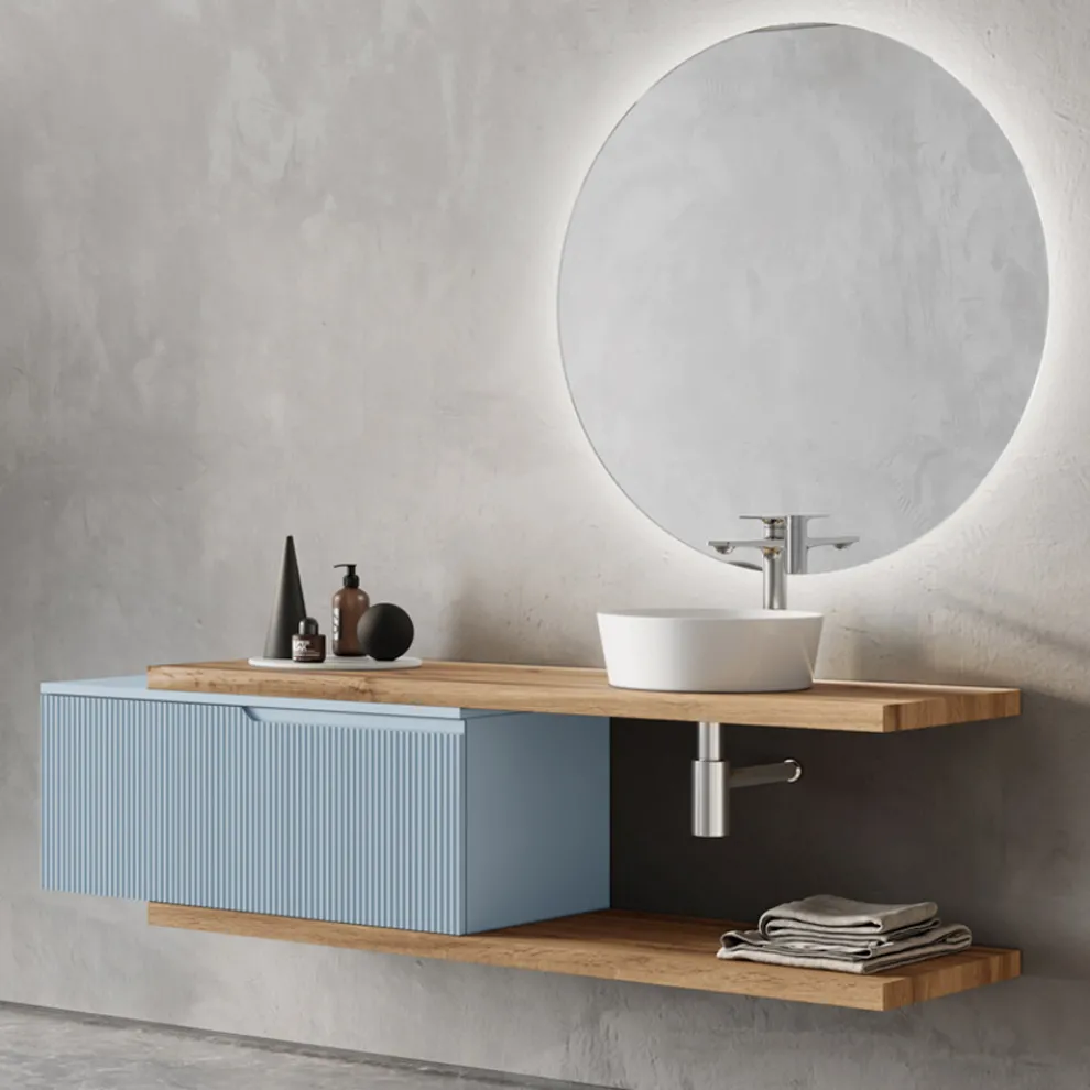 Badezimmerkomposition in Tiffany-Blau und Eiche mit Spiegel, hergestellt in Italien – Ermes