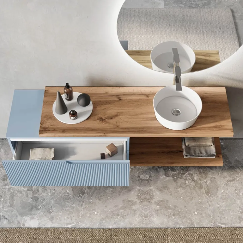 Badezimmerkomposition in Tiffany-Blau und Eiche mit Spiegel, hergestellt in Italien – Ermes