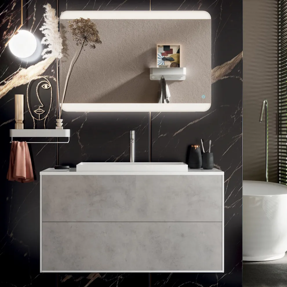 Badezimmerkomposition mit Sockel, Spiegel und Waschbecken aus Kunstharz, hergestellt in Italien – Kilos