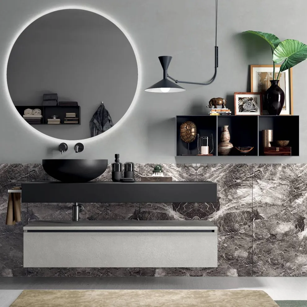 Badezimmerkomposition komplett mit Spiegel, Waschbecken, Sockel und Platte, hergestellt in Italien – Palom