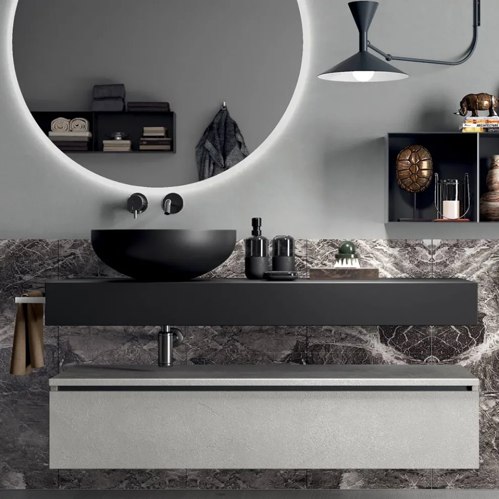 Badezimmerkomposition komplett mit Spiegel, Waschbecken, Sockel und Platte, hergestellt in Italien – Palom