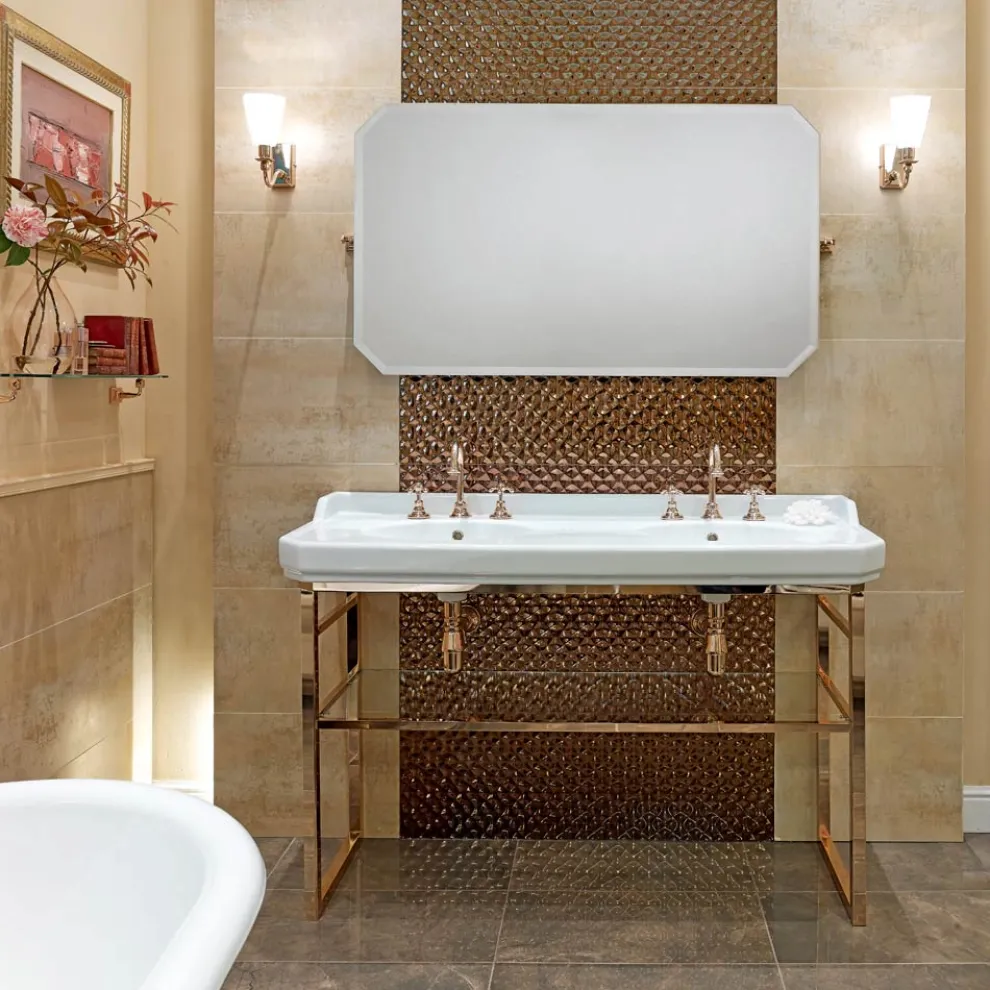 Badezimmerkonsole L 135 cm mit Doppelschale aus Keramik mit Füßen - Nausica