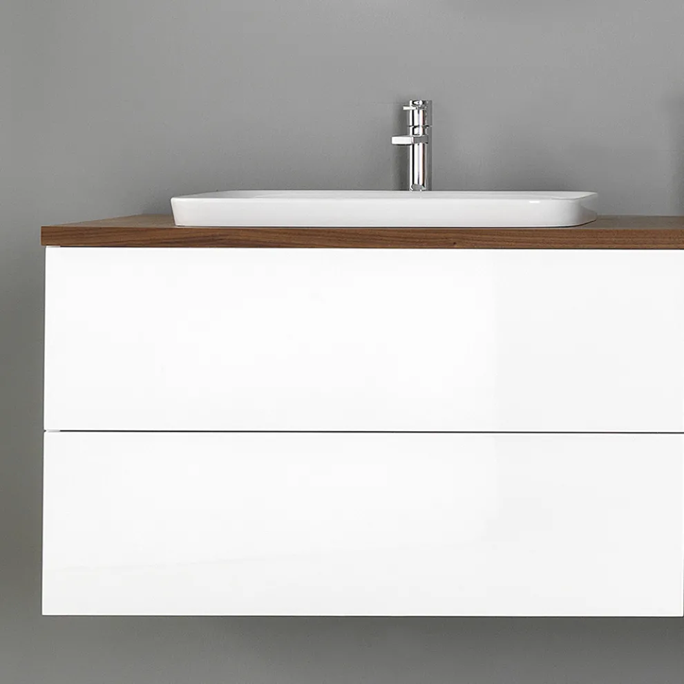 Badezimmermöbel aus weißem Holz und Nussbaum und Keramik 156 cm Made in Italy - Renga