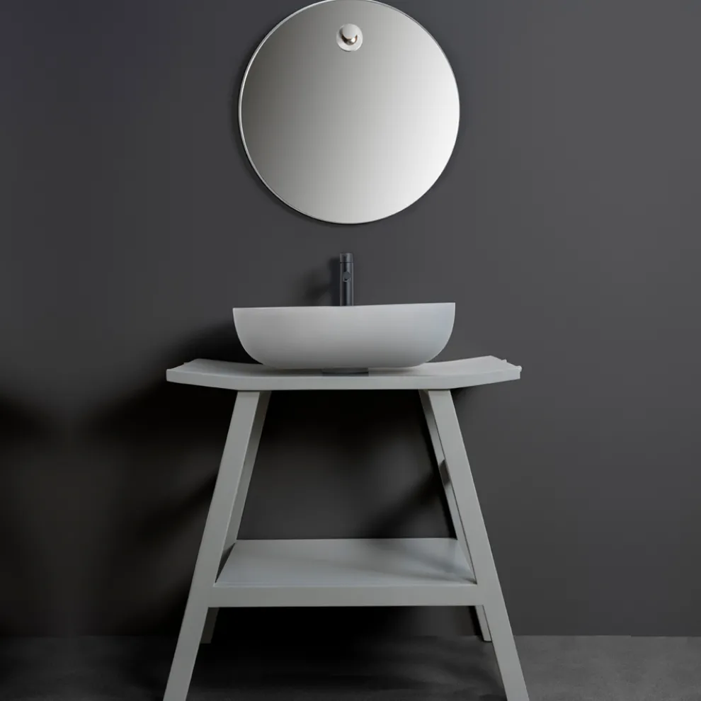 Badezimmermöbel-Komposition mit Spiegel, Teakholzschrank und Zubehör - Patryk