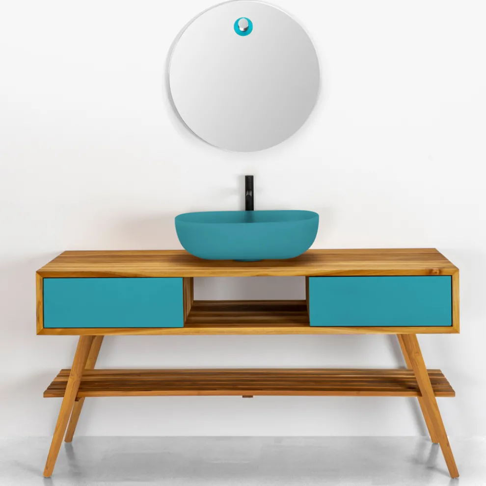 Badezimmermöbel-Komposition mit Schrank und Waschbecken aus natürlichem Teakholz - Georges