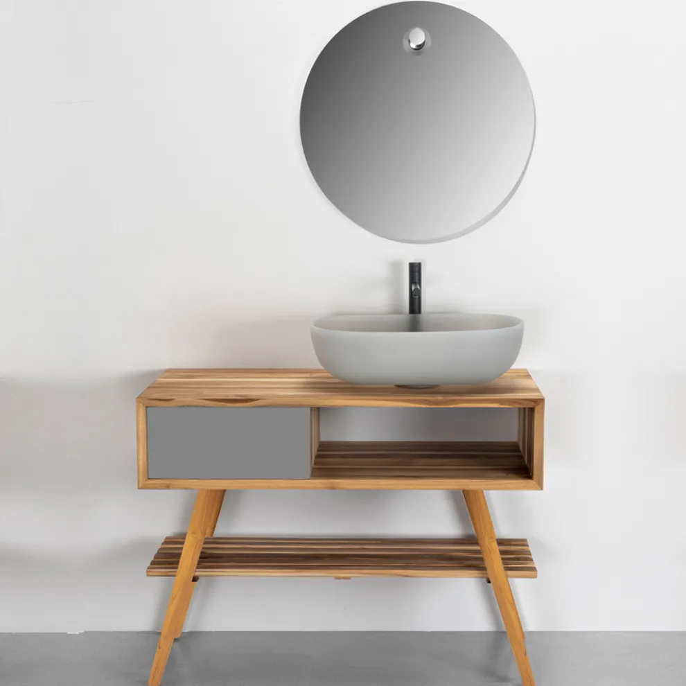 Badezimmermöbel-Komposition mit rundem Spiegel und Bodenschrank - Sylviane