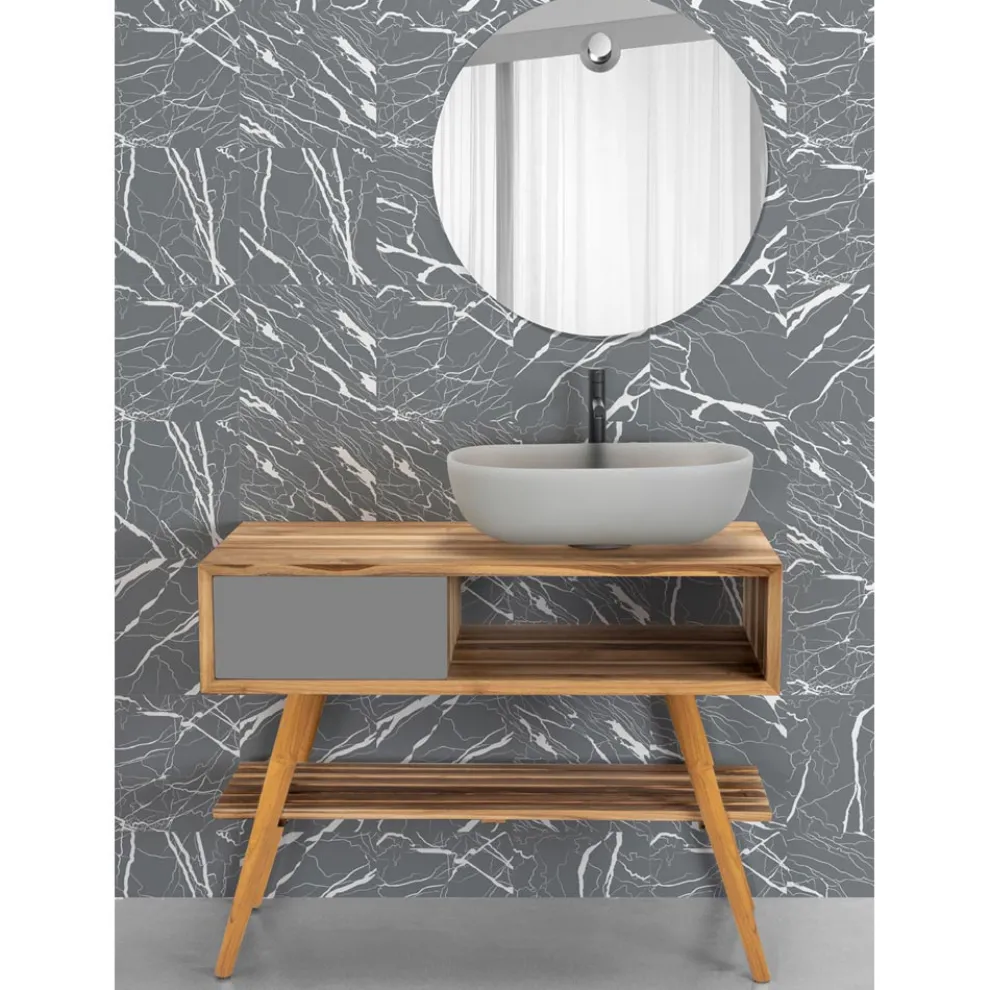 Badezimmermöbel-Komposition mit rundem Spiegel und Bodenschrank - Sylviane