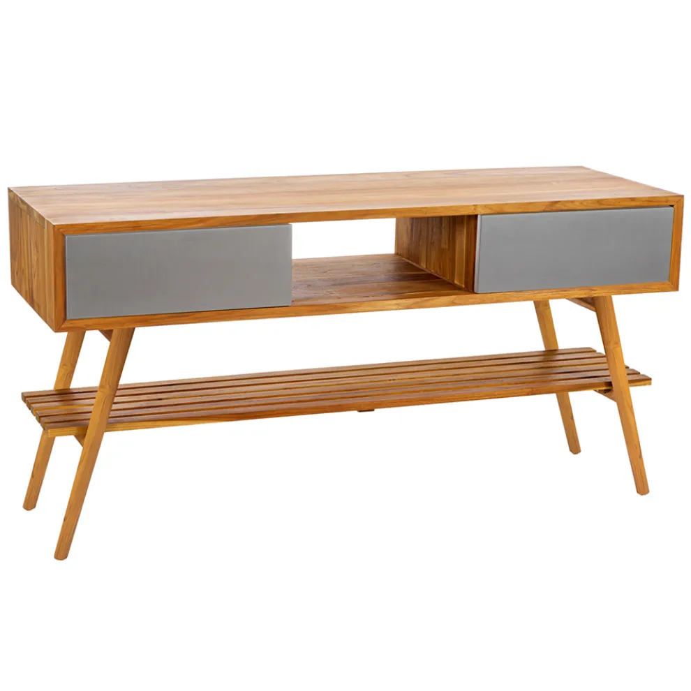 Badezimmerschrank aus natürlichem Teakholz mit mattgrauen Schubladen - Hamadou