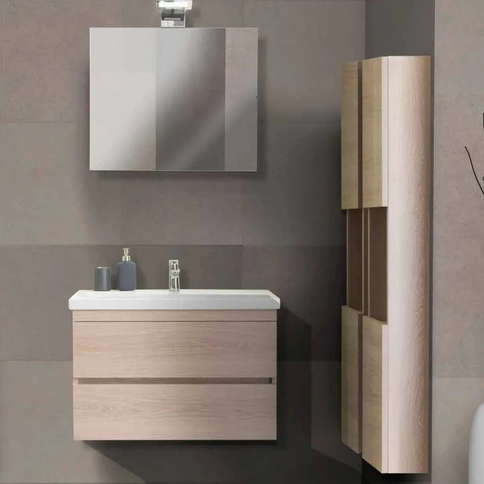 Badezimmerschrank 80 cm, Waschbecken, Spiegel und 2 Säulen - Becky